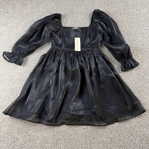 Thirty/Thirty LA Dress Womens Small Black Satin Puff Sleeve Square Neck Mini